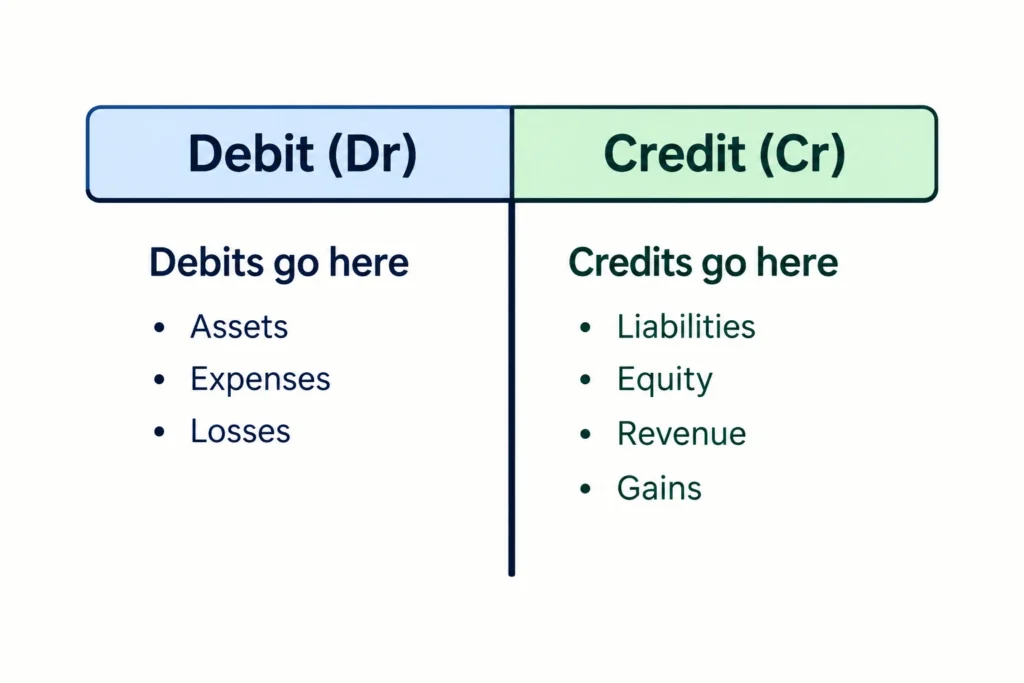 Debit vs credit T-account showing debits on the left and credits on the right